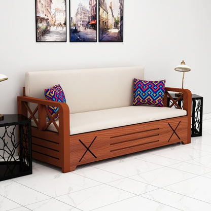 Sofacum Bed, Wood & Off-White Sofacum Bed, Sofacum Bed with Drawer, Sofacum Bed with Living & Bedroom Area, Sofacum Bed - VT - 4051