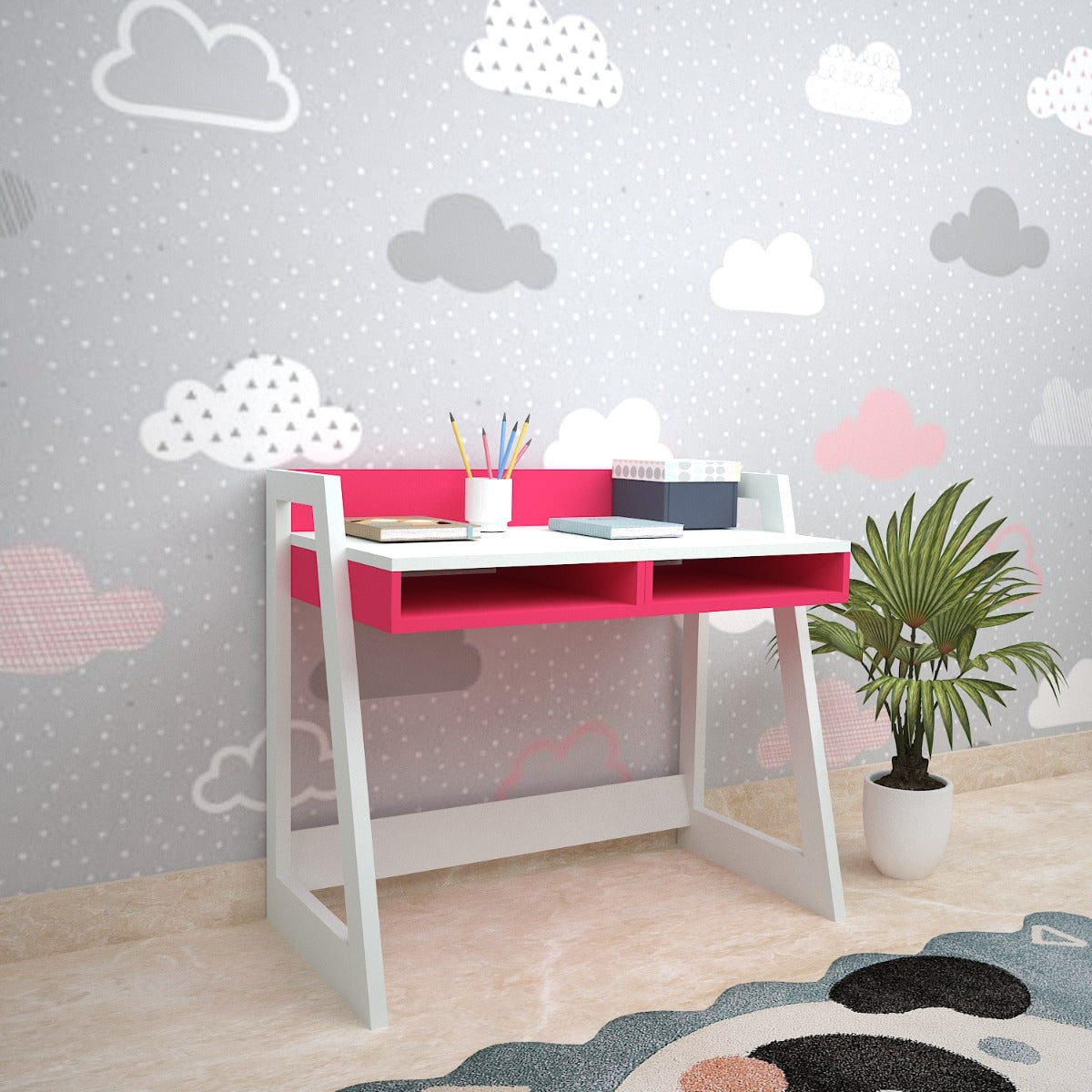 Kids Study Table, White & Pink Color Study Table, Study Table with Open Shelf, Study Table - EL - 12013