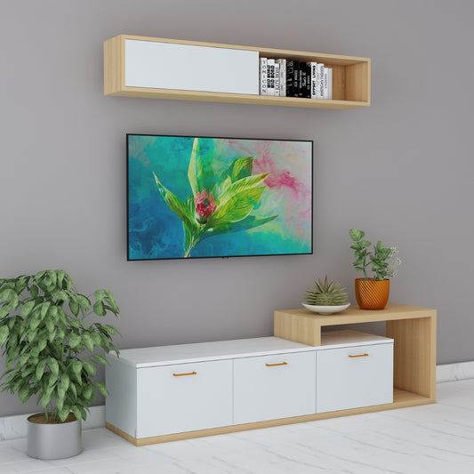 Entertainment Unit, Wood & White Color Entertainment Unit, Entertainment Unit for Living & Bedroom Area, Entertainment Unit with Open Shelf, Entertainment Unit with Drawer, Entertainment Unit - EL - 10010