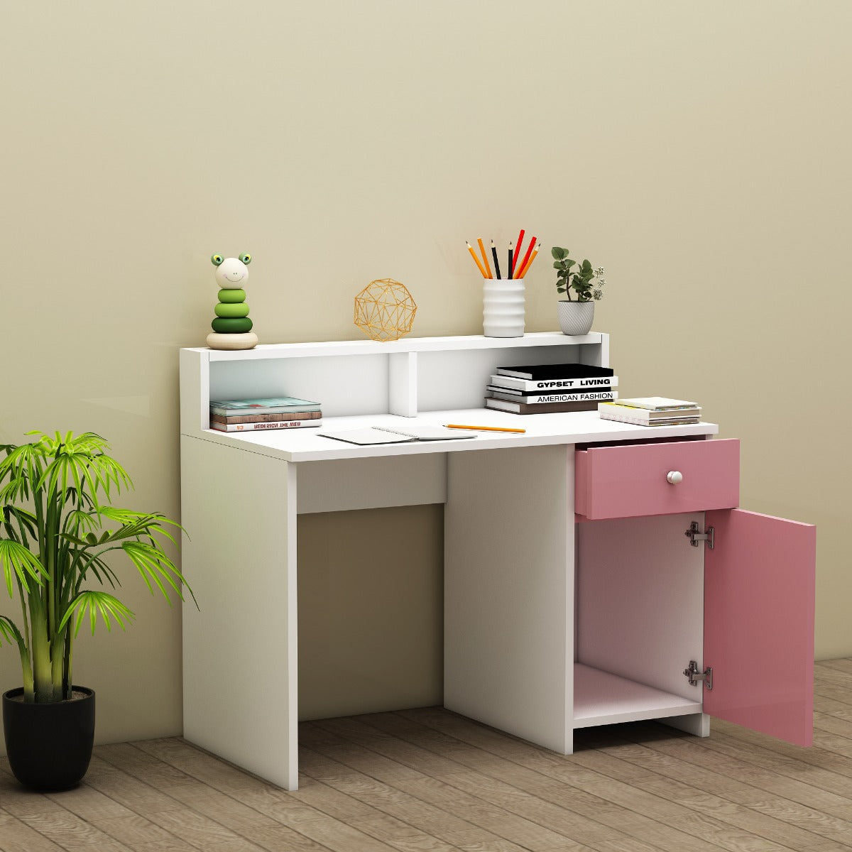 Kids Study Table, White & Pink Color Study Table, Study Table with Drawer, Study Table with Shutter, Study Table with Open Space, Study Table - IM - 12028