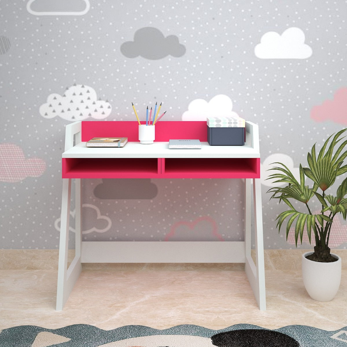 Kids Study Table, White & Pink Color Study Table, Study Table with Open Shelf, Study Table - EL - 12013