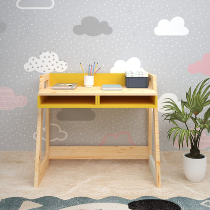 Kids Study Table,  Wood & Yellow Color Study Table, Study Table with Open Shelf, Study Table - EL - 12014