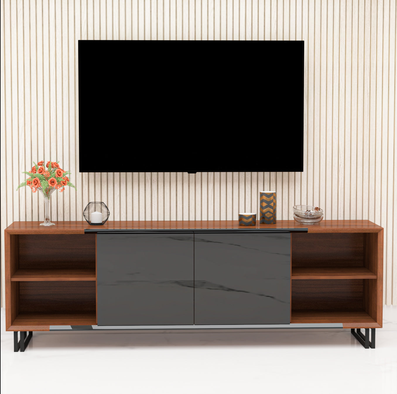 TV Unit, TV Unit with Wood & Black Color, TV Unit with Shutter & Shelf, Laquar Glass Shutter, MS Leg with Black Paint Finish, TV Unit - EL10101