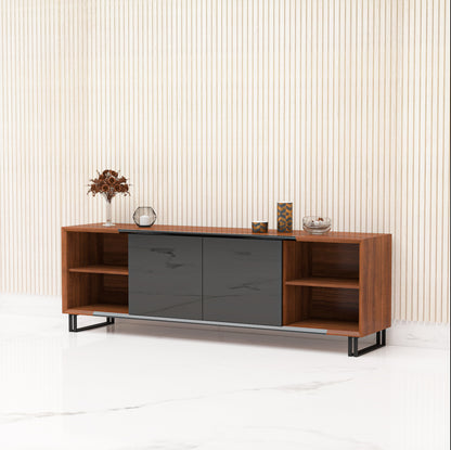 TV Unit, TV Unit with Wood & Black Color, TV Unit with Shutter & Shelf, Laquar Glass Shutter, MS Leg with Black Paint Finish, TV Unit - EL10101