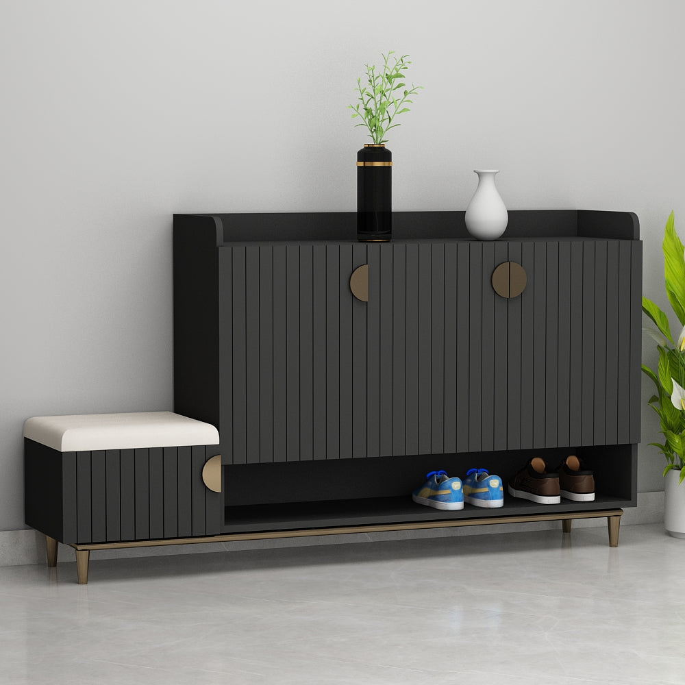 Modern Slate Grey Shoe Cabinet with Cushioned Bench, Open Rack & Vertical Storage – EL10102