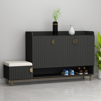Modern Slate Grey Shoe Cabinet with Cushioned Bench, Open Rack & Vertical Storage – EL10102
