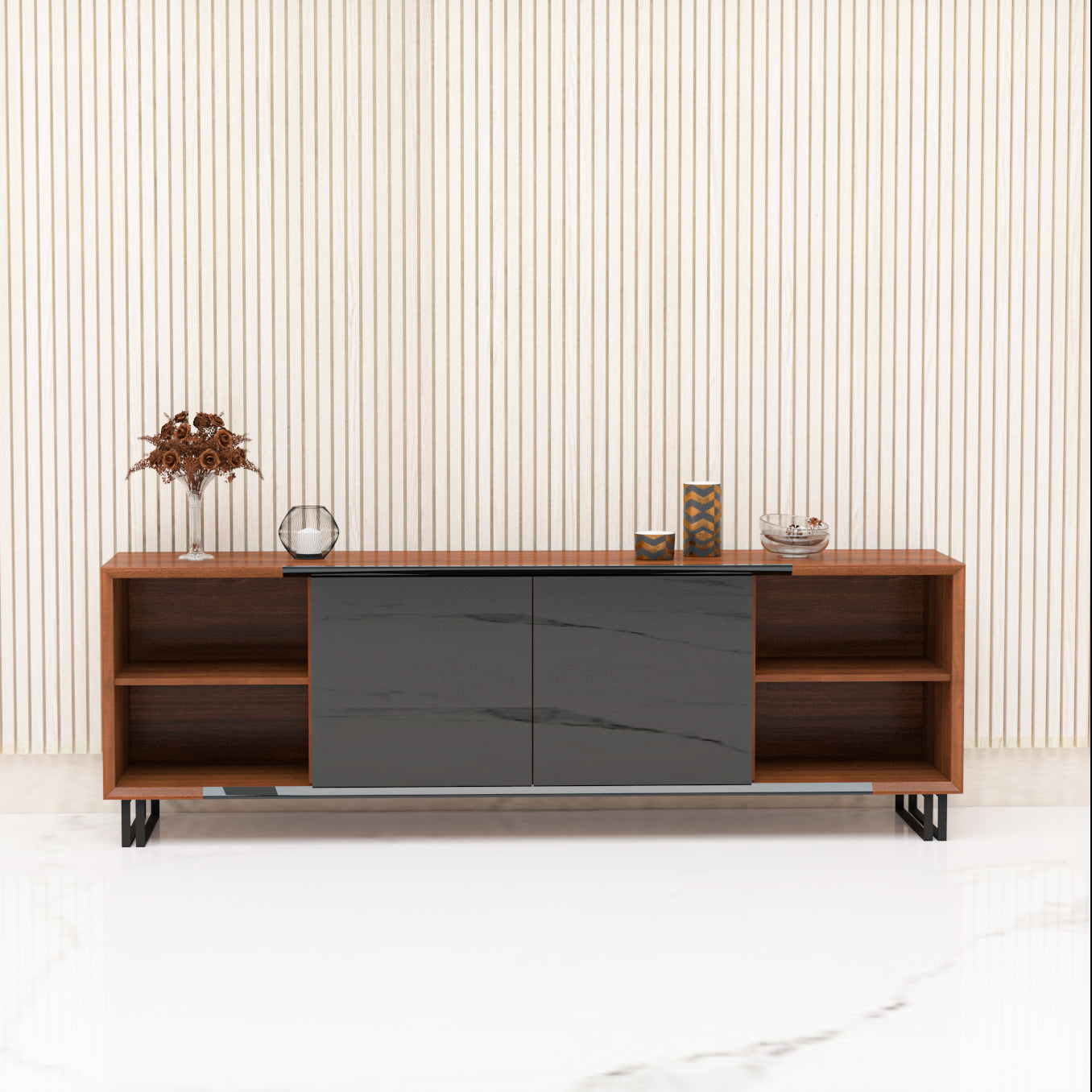 TV Unit, TV Unit with Wood & Black Color, TV Unit with Shutter & Shelf, Laquar Glass Shutter, MS Leg with Black Paint Finish, TV Unit - EL10101