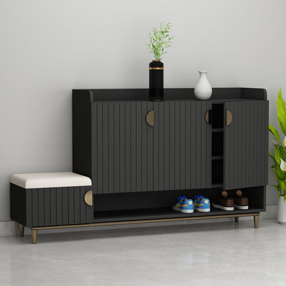 Modern Slate Grey Shoe Cabinet with Cushioned Bench, Open Rack & Vertical Storage – EL10102