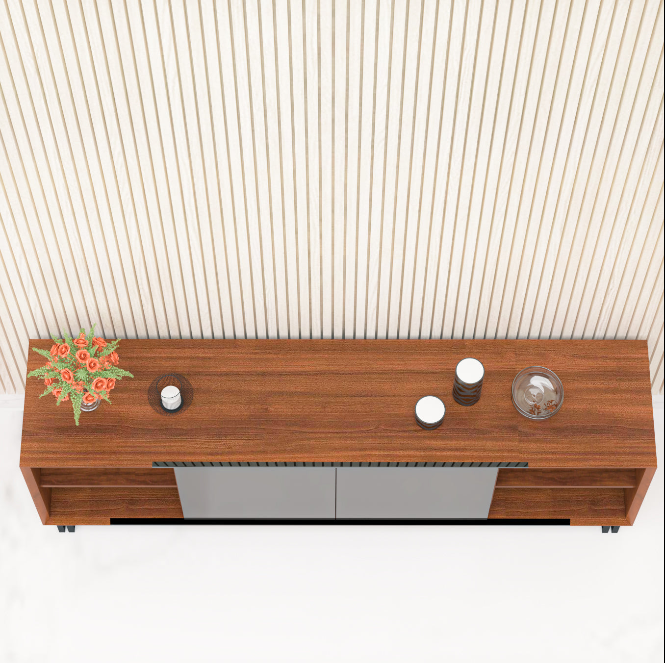 TV Unit, TV Unit with Wood & Black Color, TV Unit with Shutter & Shelf, Laquar Glass Shutter, MS Leg with Black Paint Finish, TV Unit - EL10101