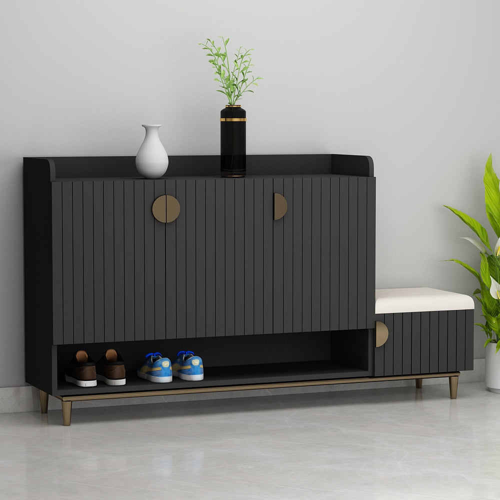 Slate Grey Shoe Rack, Right side seating stool, Shoe Rack with Shutter, Wooden shoe rack cabinet, Shoe Rack - EL10104