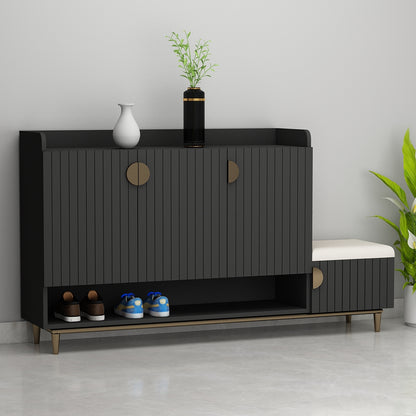 Slate Grey Shoe Rack, Right side seating stool, Shoe Rack with Shutter, Wooden shoe rack cabinet, Shoe Rack - EL10104