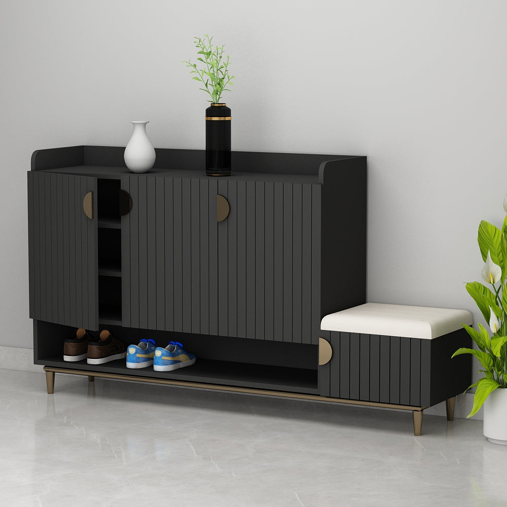 Slate Grey Shoe Rack, Right side seating stool, Shoe Rack with Shutter, Wooden shoe rack cabinet, Shoe Rack - EL10104