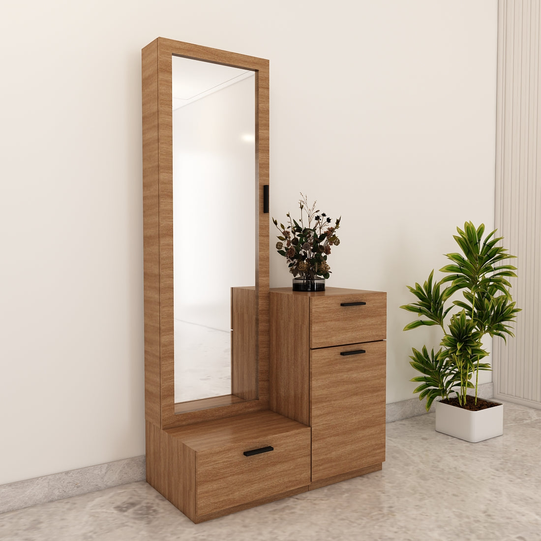 Wooden Dressing Table, Dressing Table with Drawer & Shutter, White & Brown Color, Shelf in Dressing Table - EL12232