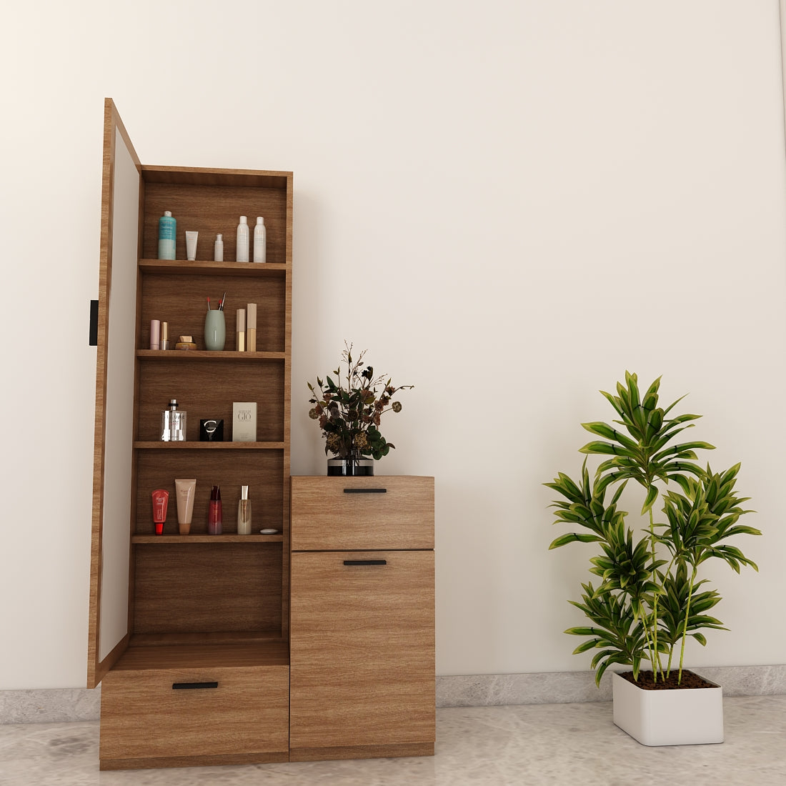 Wooden Dressing Table, Dressing Table with Drawer & Shutter, White & Brown Color, Shelf in Dressing Table - EL12232