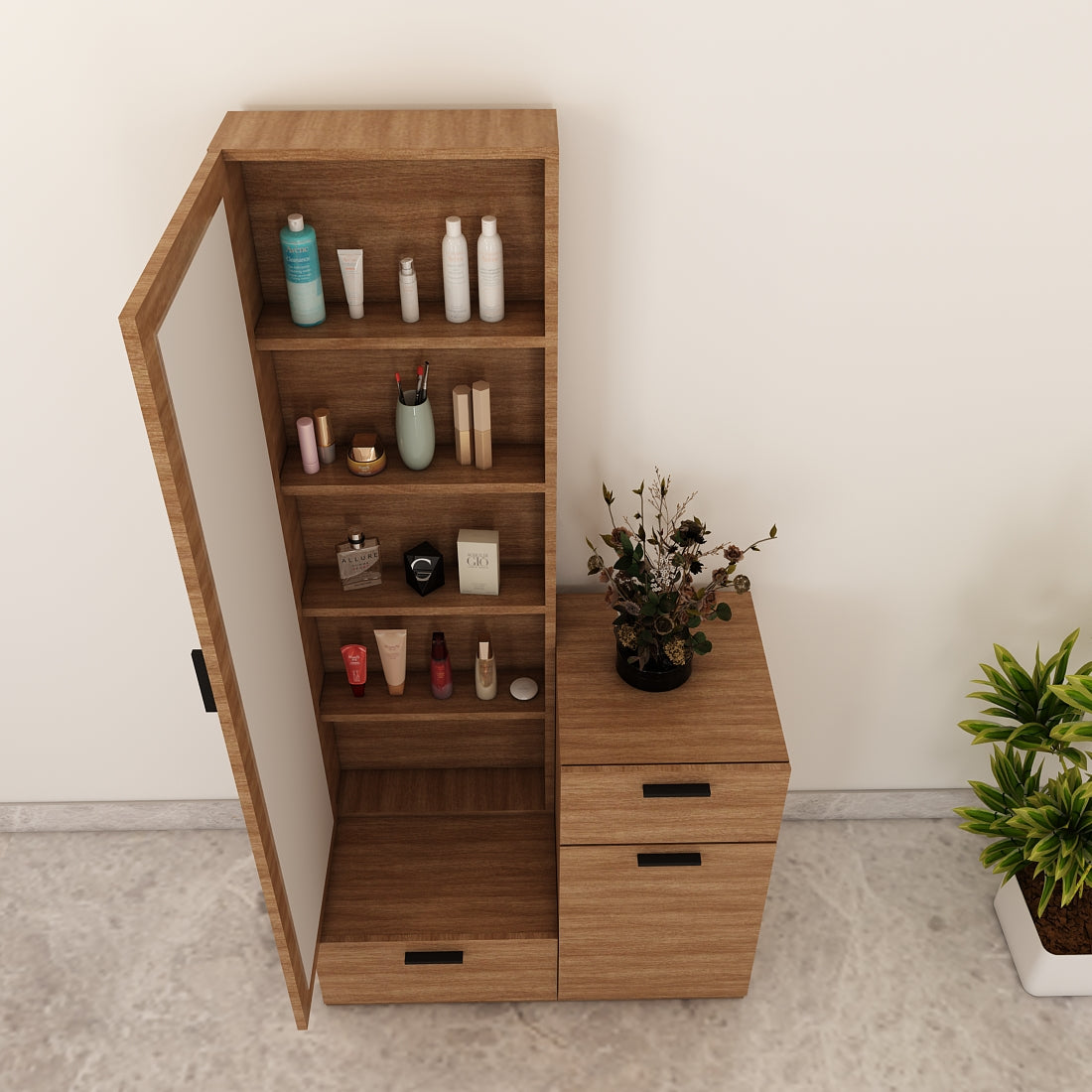 Wooden Dressing Table, Dressing Table with Drawer & Shutter, White & Brown Color, Shelf in Dressing Table - EL12232