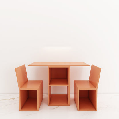 Modern Kids Study Table with 2 Chairs & Open Shelf – Compact, Stylish Desk in Orange, Blue, White & Wood - EL12234