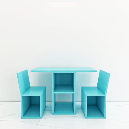 Modern Kids Study Table with 2 Chairs & Open Shelf – Compact, Stylish Desk in Orange, Blue, White & Wood - EL12234