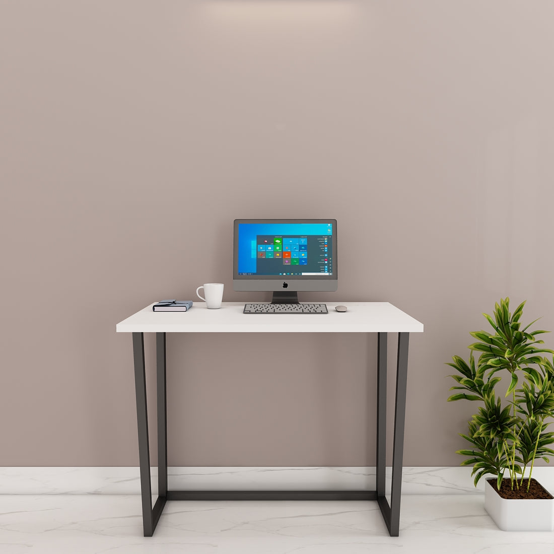 Modern Foldable Study Table in Wood & White | Engineered Wood Desk with MS Legs | Compact & Moveable Study Table for Home & Office - EL12238