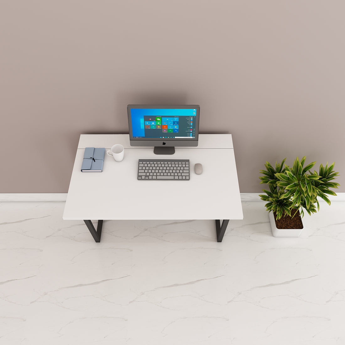 Modern Foldable Study Table in Wood & White | Engineered Wood Desk with MS Legs | Compact & Moveable Study Table for Home & Office - EL12238