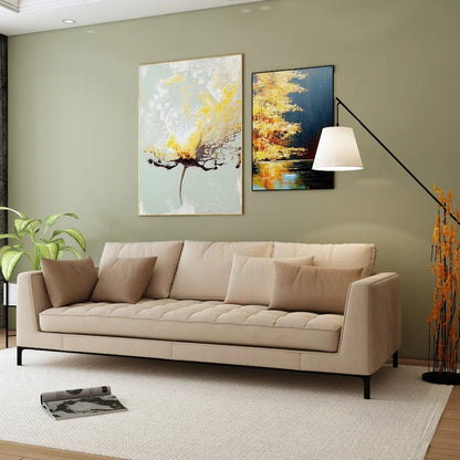 3 Seater Rectangular sofa with suede upholstery quilted back, seat & hand rest ,Sofa in Beige suede with wooden legs , Sofa-EL-3012