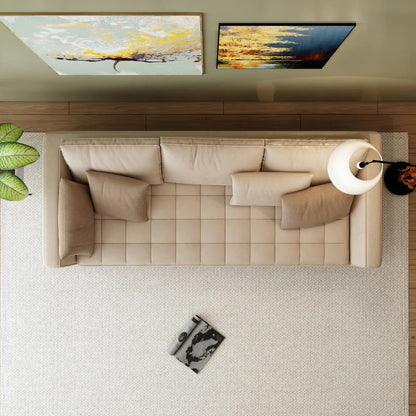 3 Seater Rectangular sofa with suede upholstery quilted back, seat & hand rest ,Sofa in Beige suede with wooden legs , Sofa-EL-3012