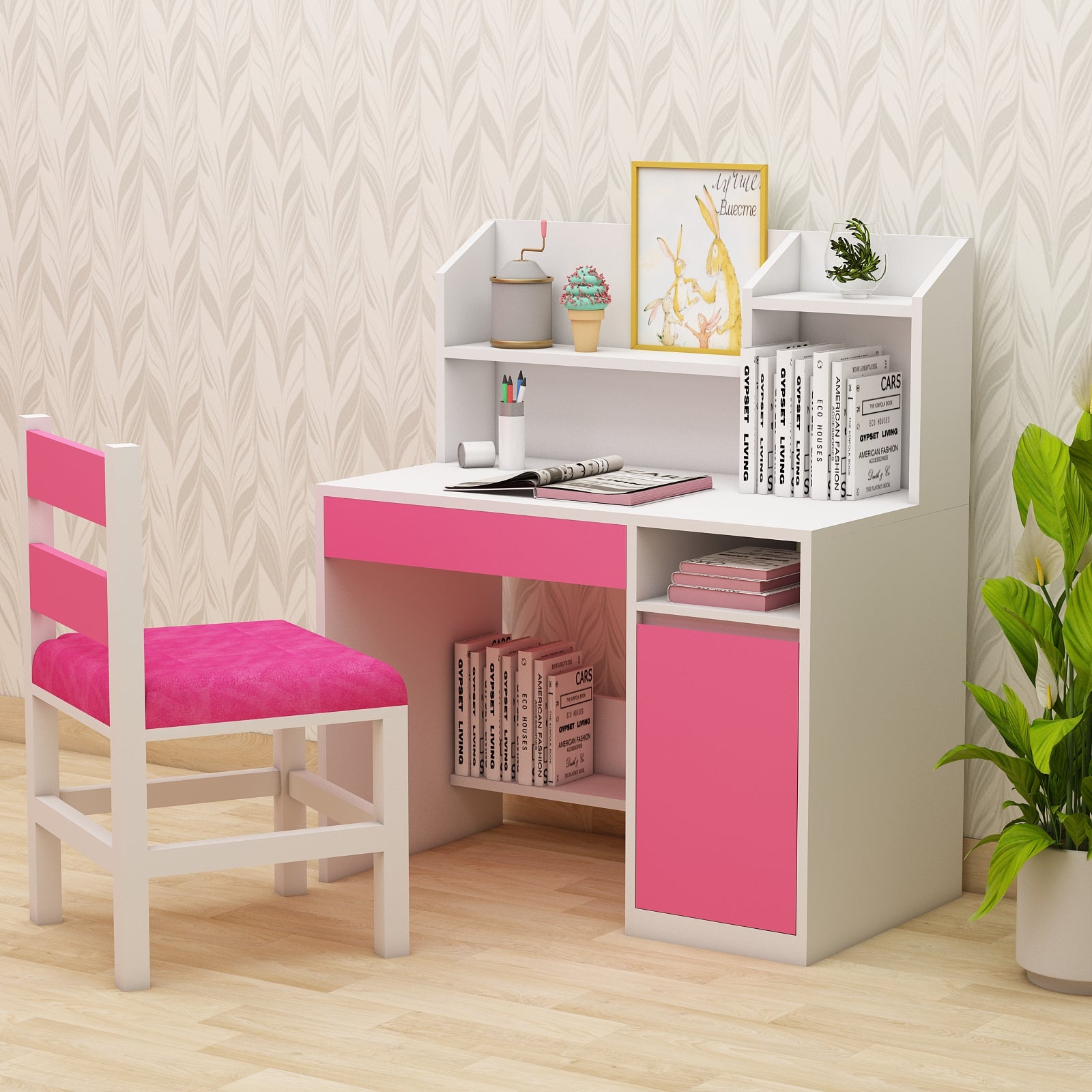 Stylish Wooden Study Table with Chair for Kids – Perfect Blend of Comfort,  Storage Fun Learning EL 12139 White And Pink