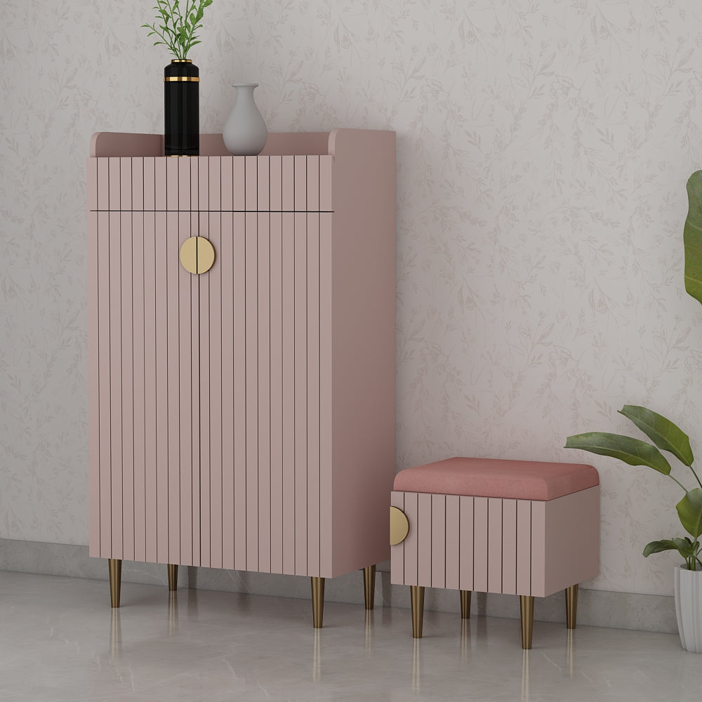Modern Pink Salk & Gold Shoe Storage Cabinet with Drawer Bench – Compact Ply & Laminate Organizer with Cushioned Seat & Multi-Tier Compartments - IM10097
