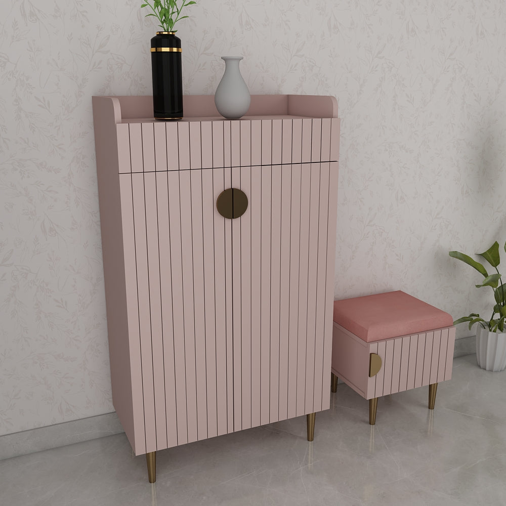 Modern Pink Salk & Gold Shoe Storage Cabinet with Drawer Bench – Compact Ply & Laminate Organizer with Cushioned Seat & Multi-Tier Compartments - IM10097