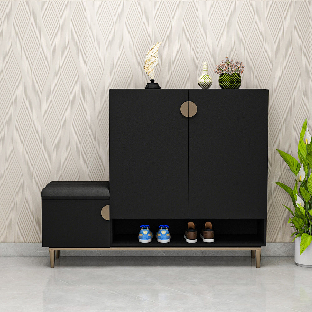 Shoe Storage Cabinet with Bench, Multi-Tier Entryway Organizer featuring Open & Closed Compartments, Cushioned Seating in Black Finish with Gold Legs IM10099