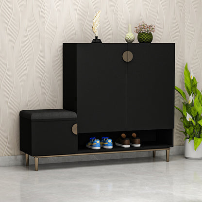 Shoe Storage Cabinet with Bench, Multi-Tier Entryway Organizer featuring Open & Closed Compartments, Cushioned Seating in Black Finish with Gold Legs IM10099
