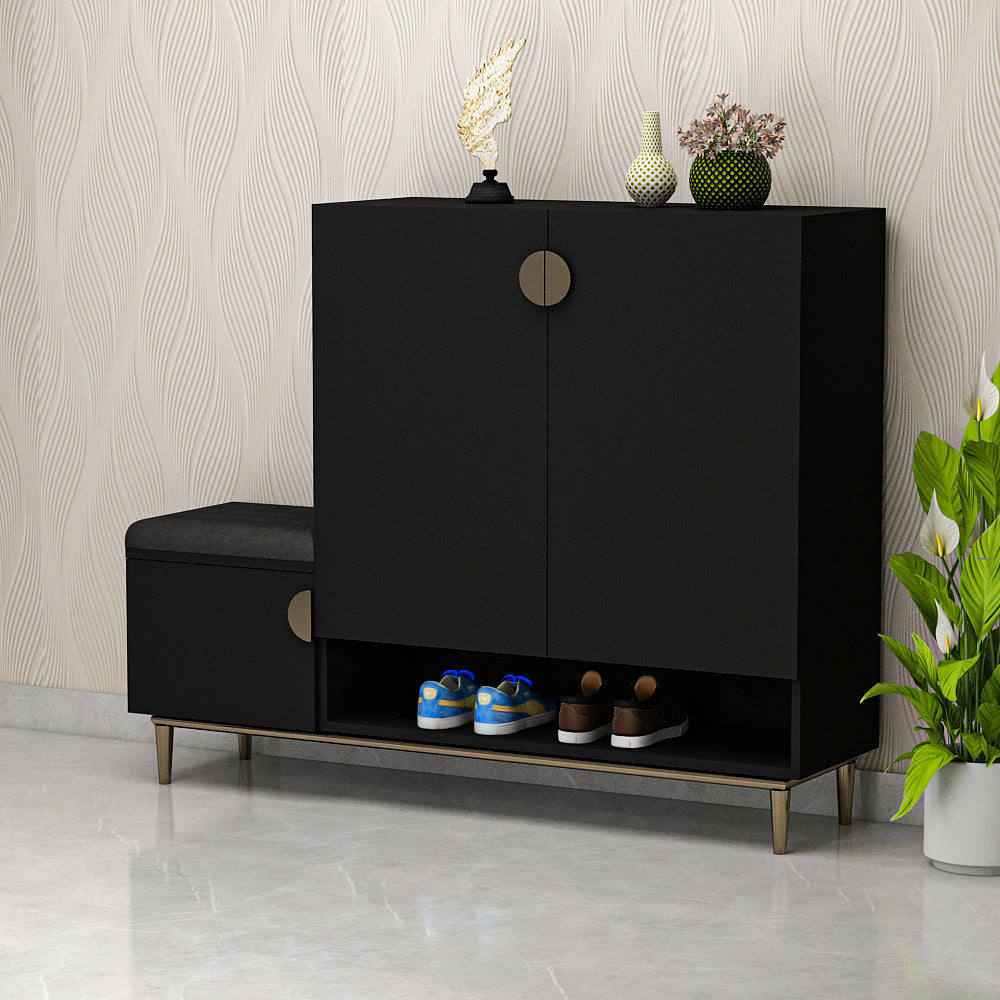 Shoe Storage Cabinet with Bench, Multi-Tier Entryway Organizer featuring Open & Closed Compartments, Cushioned Seating in Black Finish with Gold Legs IM10099