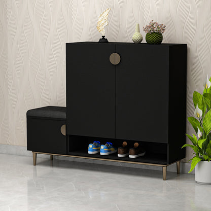 Shoe Storage Cabinet with Bench, Multi-Tier Entryway Organizer featuring Open & Closed Compartments, Cushioned Seating in Black Finish with Gold Legs IM10099