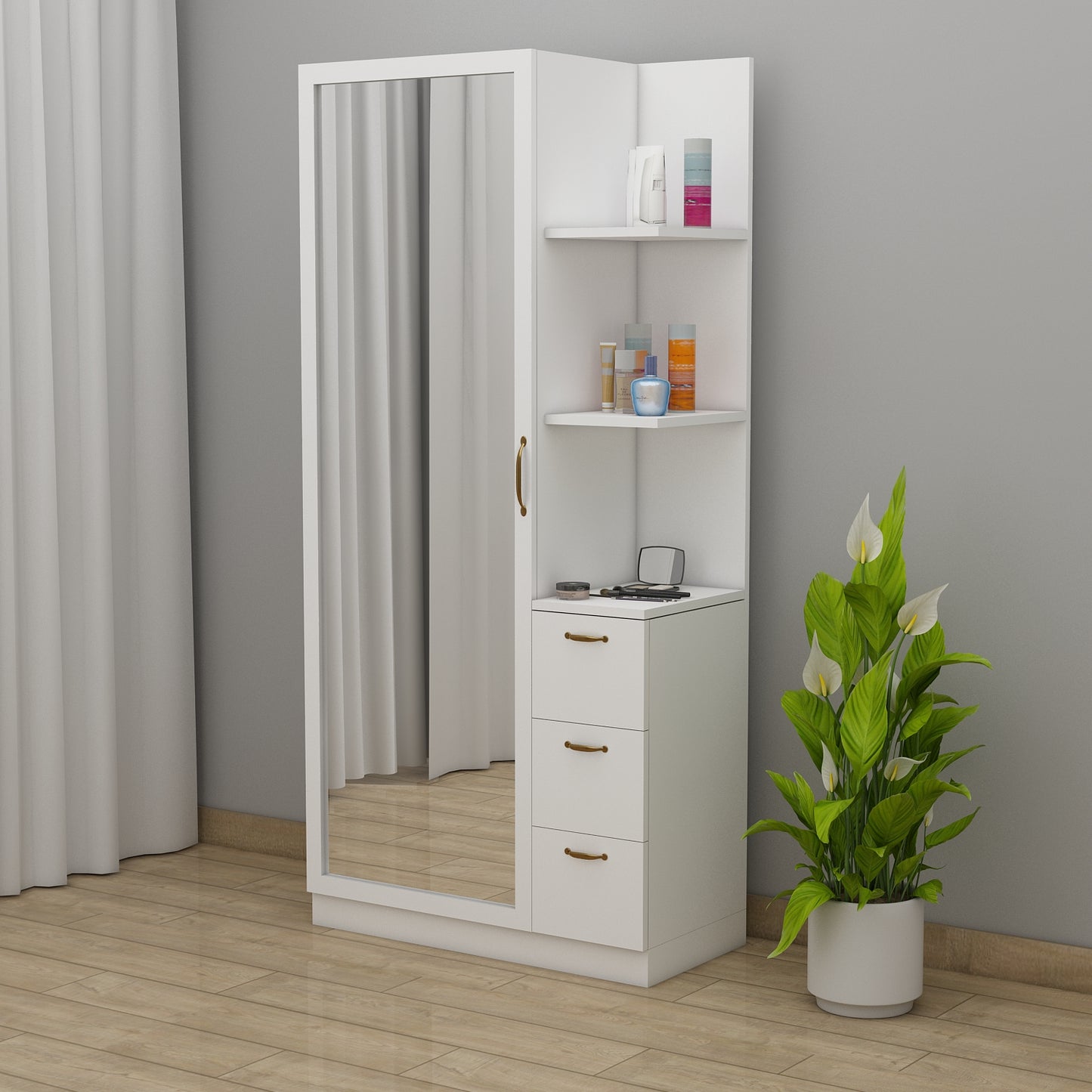 Dressing Table, Dressing Table with White Color, Dressing Table with Shutter & Drawer, Dressing Table with Open Shelf, Dressing Table - IM12184