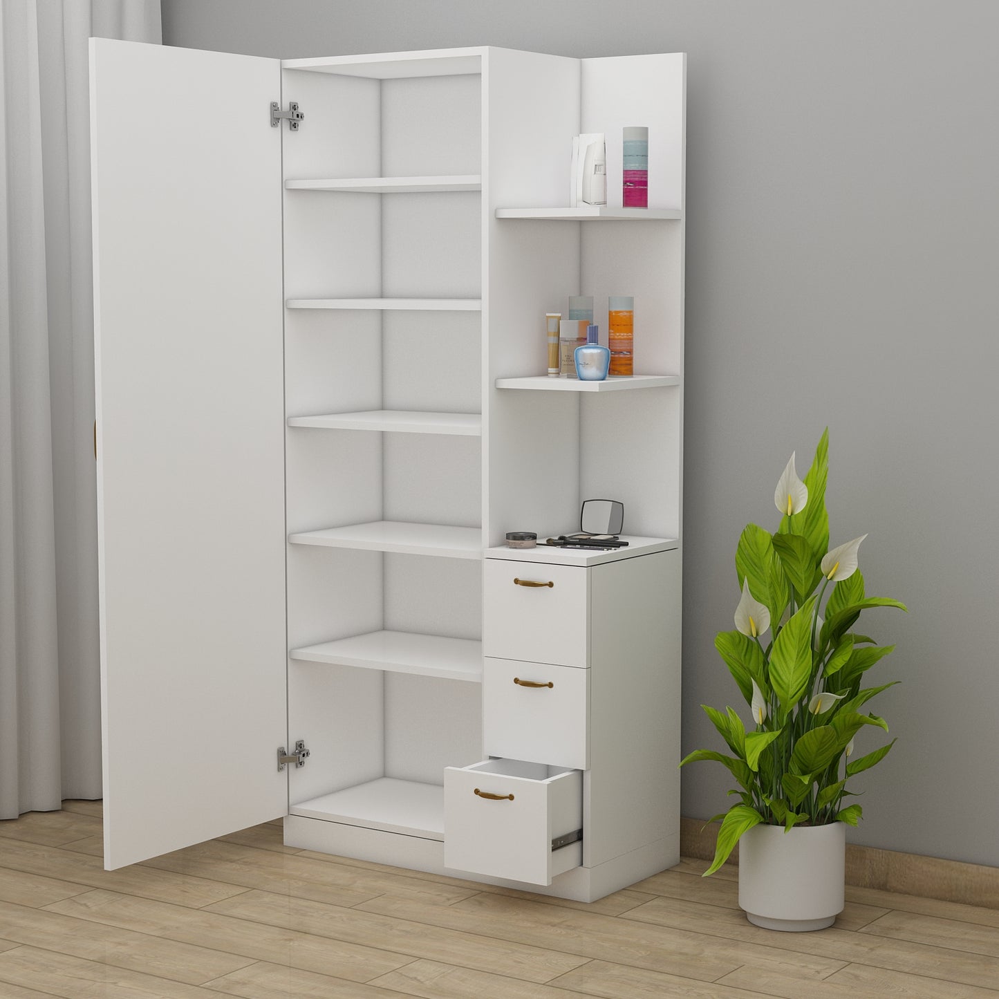 Dressing Table, Dressing Table with White Color, Dressing Table with Shutter & Drawer, Dressing Table with Open Shelf, Dressing Table - IM12184