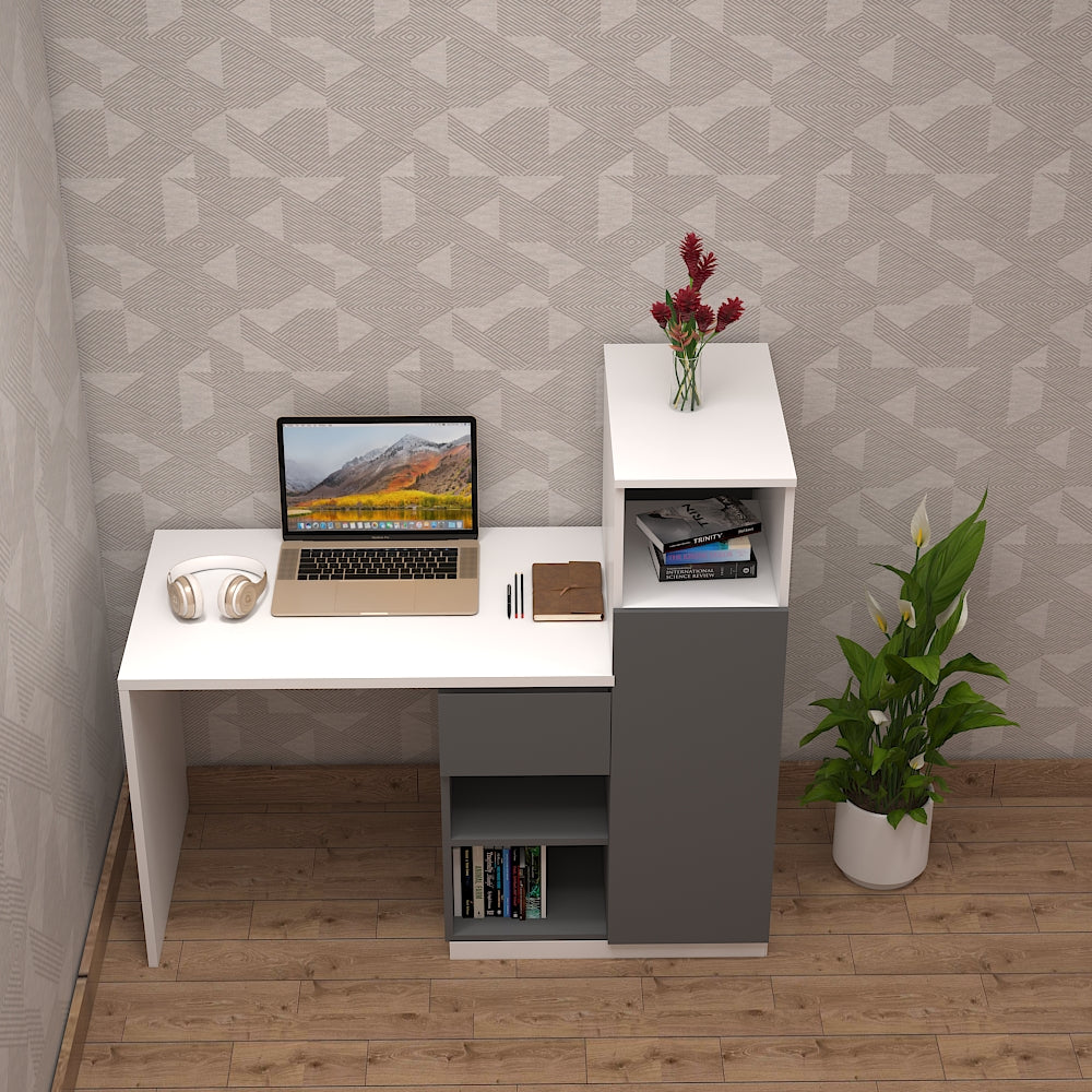 Triangular Table Study White Study Table, Study Table in White & Grey Color, Study Table with Shutt ...