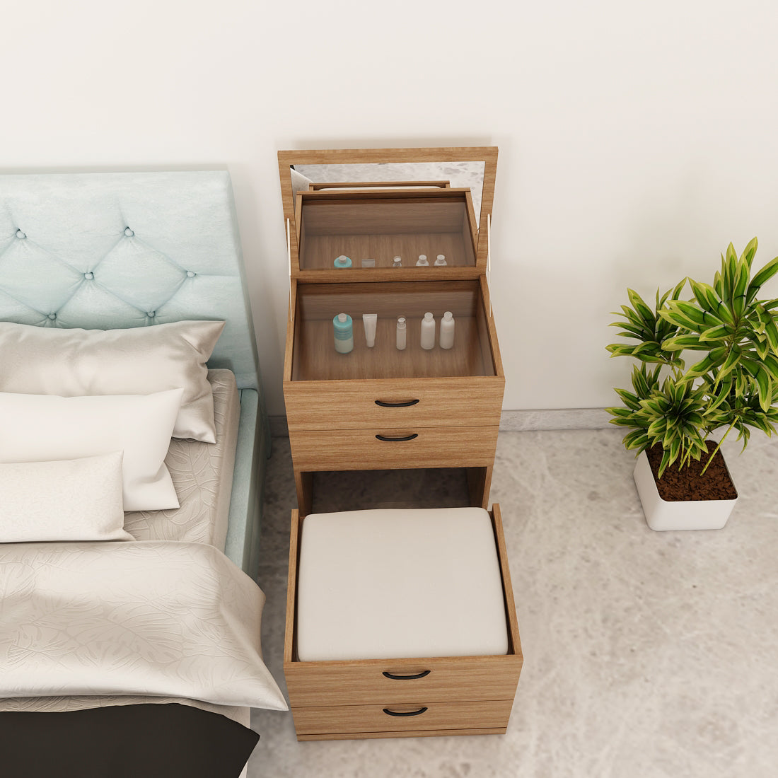 Modern Wooden Dressing Table with Drawer & Stool – Compact Engineered Wood Vanity for Homes | Stylish Ply-Laminate Finish- IM12236