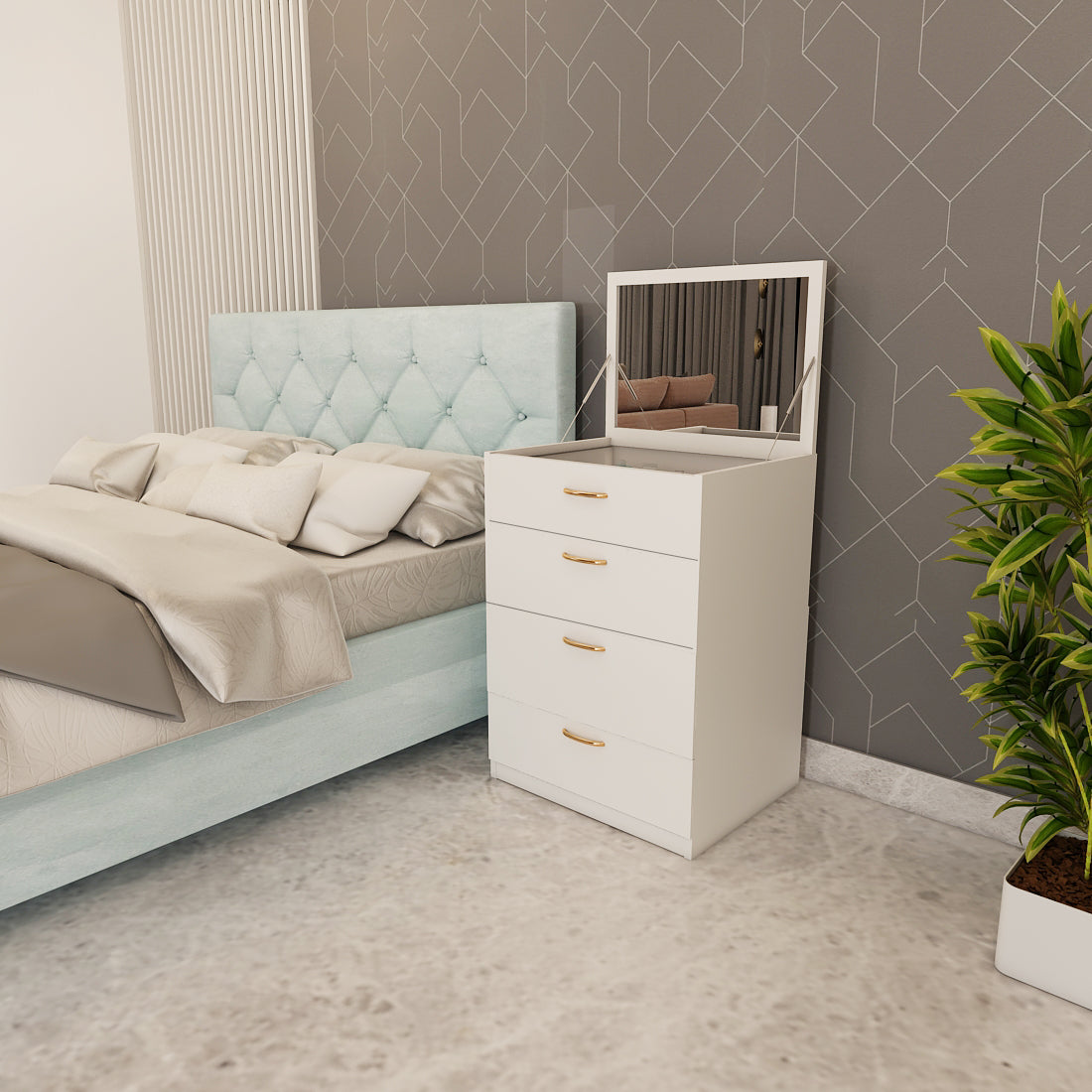 Modern Wooden Dressing Table with Drawer & Stool – Compact Engineered Wood Vanity for Homes | Stylish Ply-Laminate Finish- IM12236