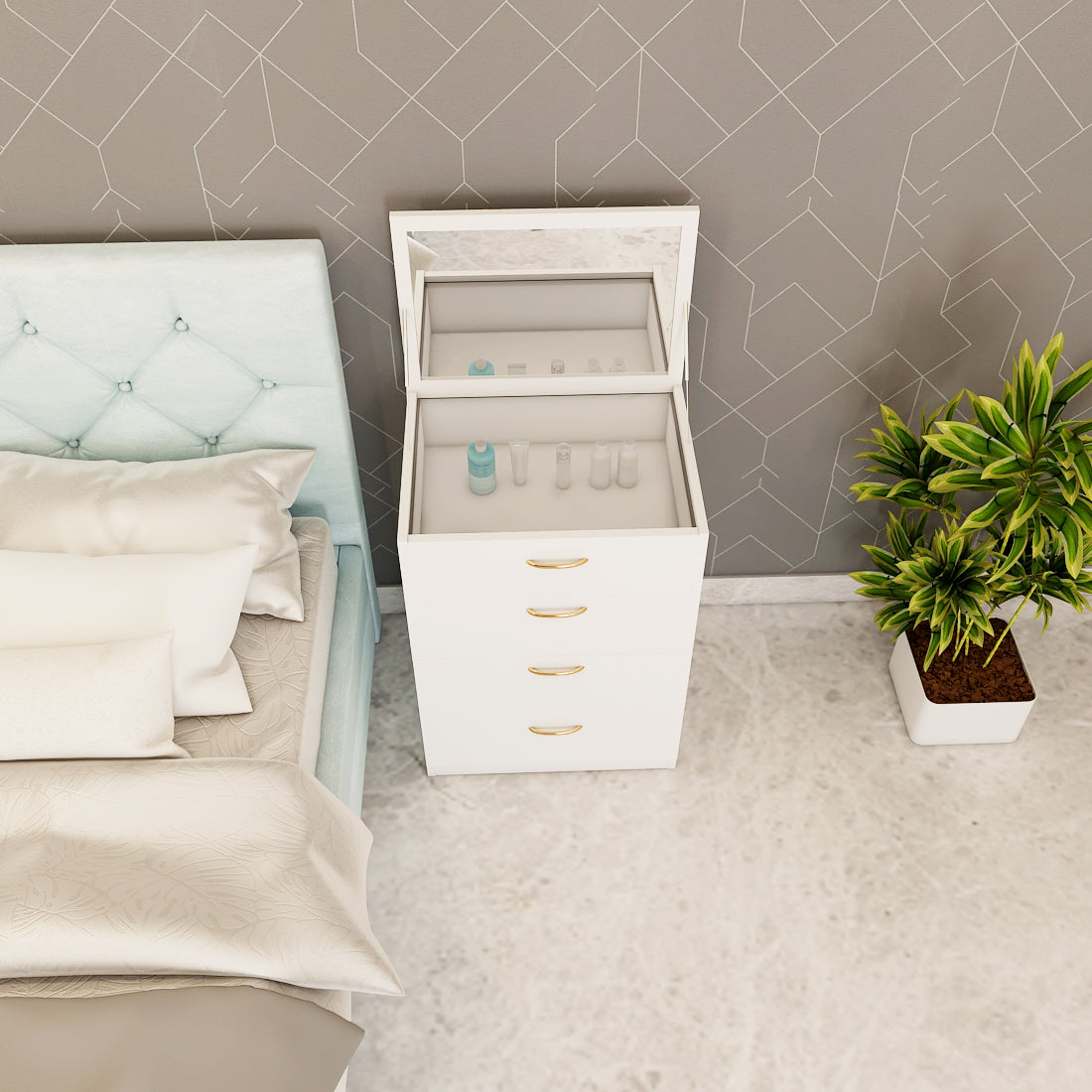 Modern Wooden Dressing Table with Drawer & Stool – Compact Engineered Wood Vanity for Homes | Stylish Ply-Laminate Finish- IM12236