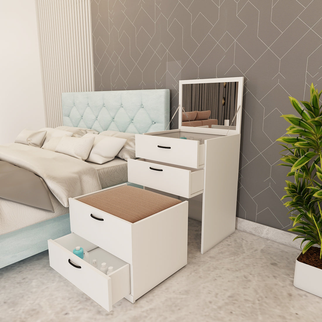 Modern Wooden Dressing Table with Drawer & Stool – Compact Engineered Wood Vanity for Homes | Stylish Ply-Laminate Finish- IM12236