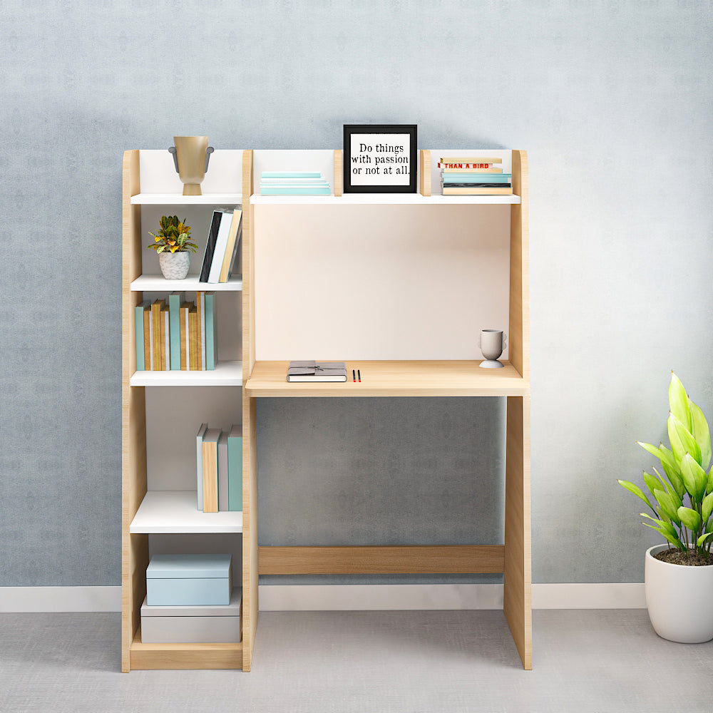Stylish Modern Study Table for Kids & Adults – Compact Desk with Open Shelf in White-Wood & Wood - IM12237