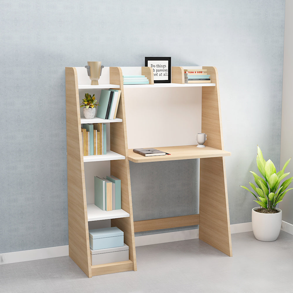 Stylish Modern Study Table for Kids & Adults – Compact Desk with Open Shelf in White-Wood & Wood - IM12237