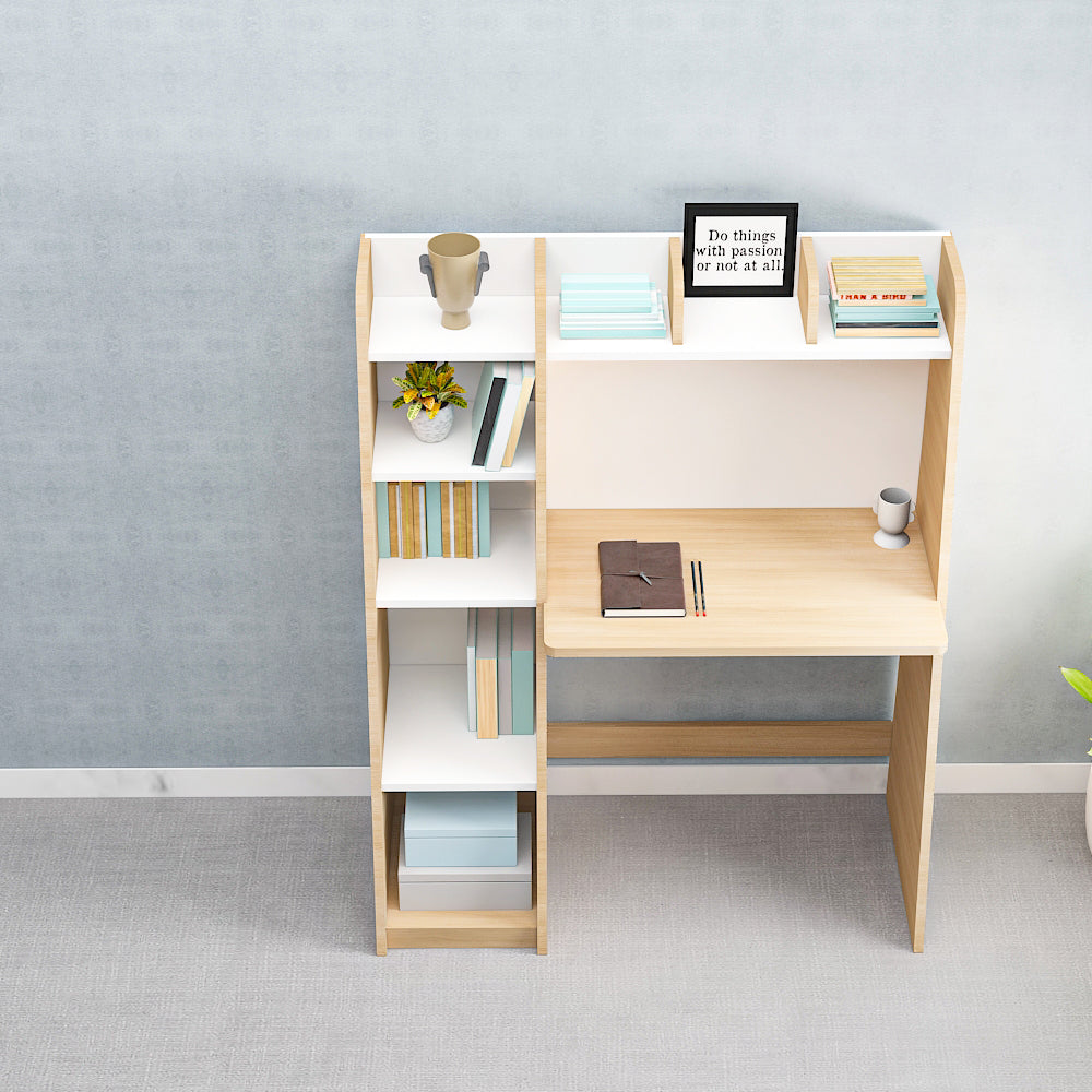 Stylish Modern Study Table for Kids & Adults – Compact Desk with Open Shelf in White-Wood & Wood - IM12237