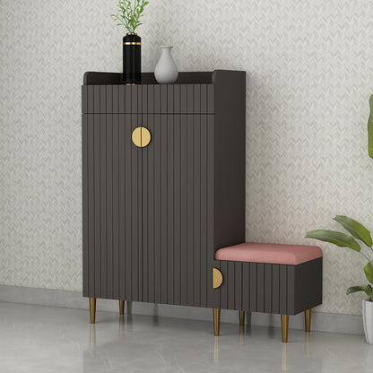 Modern Shoe Storage Cabinet with 1-Drawer Bench - Multi-Tier Entryway Organizer featuring Open & Closed Compartments, 2-Drawer Cushioned Seating in Misty Grey Finish with Gold Legs & Hardware VT-10095