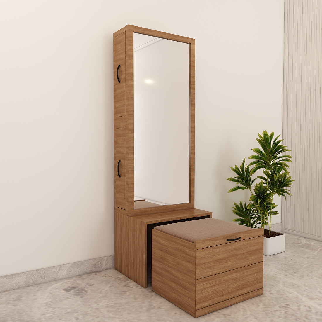 Dressing Table with Drawer, Seating Stool with Drawer, Black Handle with Matte Finish, Modern Design Dressing Table - VT12234