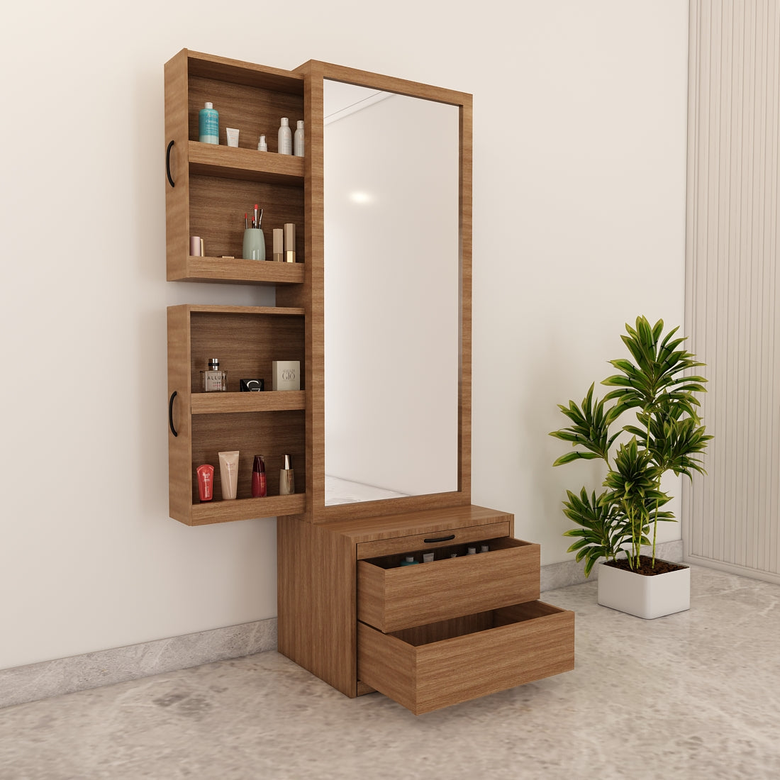 Dressing Table with Drawer, Seating Stool with Drawer, Black Handle with Matte Finish, Modern Design Dressing Table - VT12234