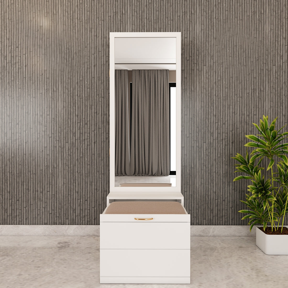 Dressing Table with Drawer, Seating Stool with Drawer, Black Handle with Matte Finish, Modern Design Dressing Table - VT12234