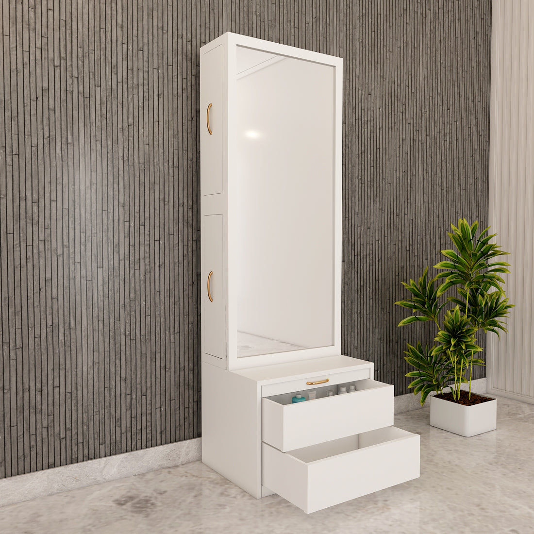 Dressing Table with Drawer, Seating Stool with Drawer, Black Handle with Matte Finish, Modern Design Dressing Table - VT12234