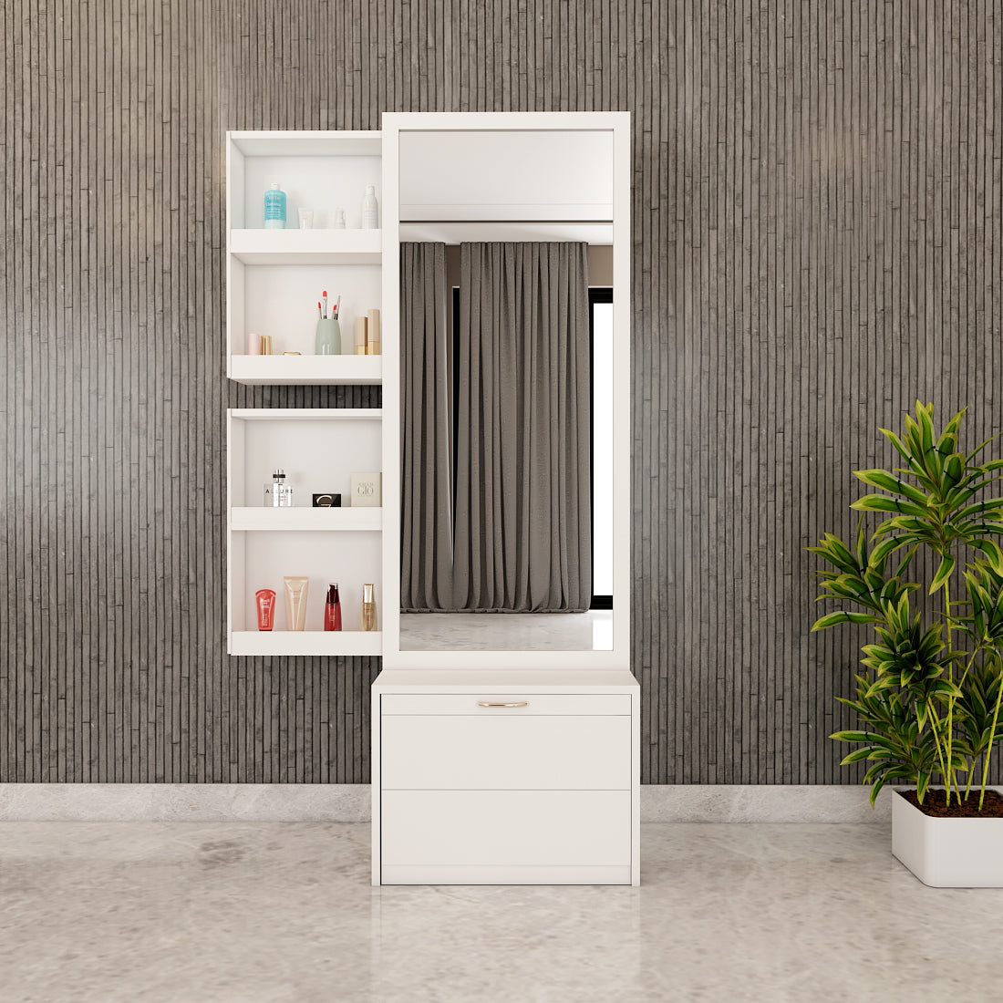 Dressing Table with Drawer, Seating Stool with Drawer, Black Handle with Matte Finish, Modern Design Dressing Table - VT12234