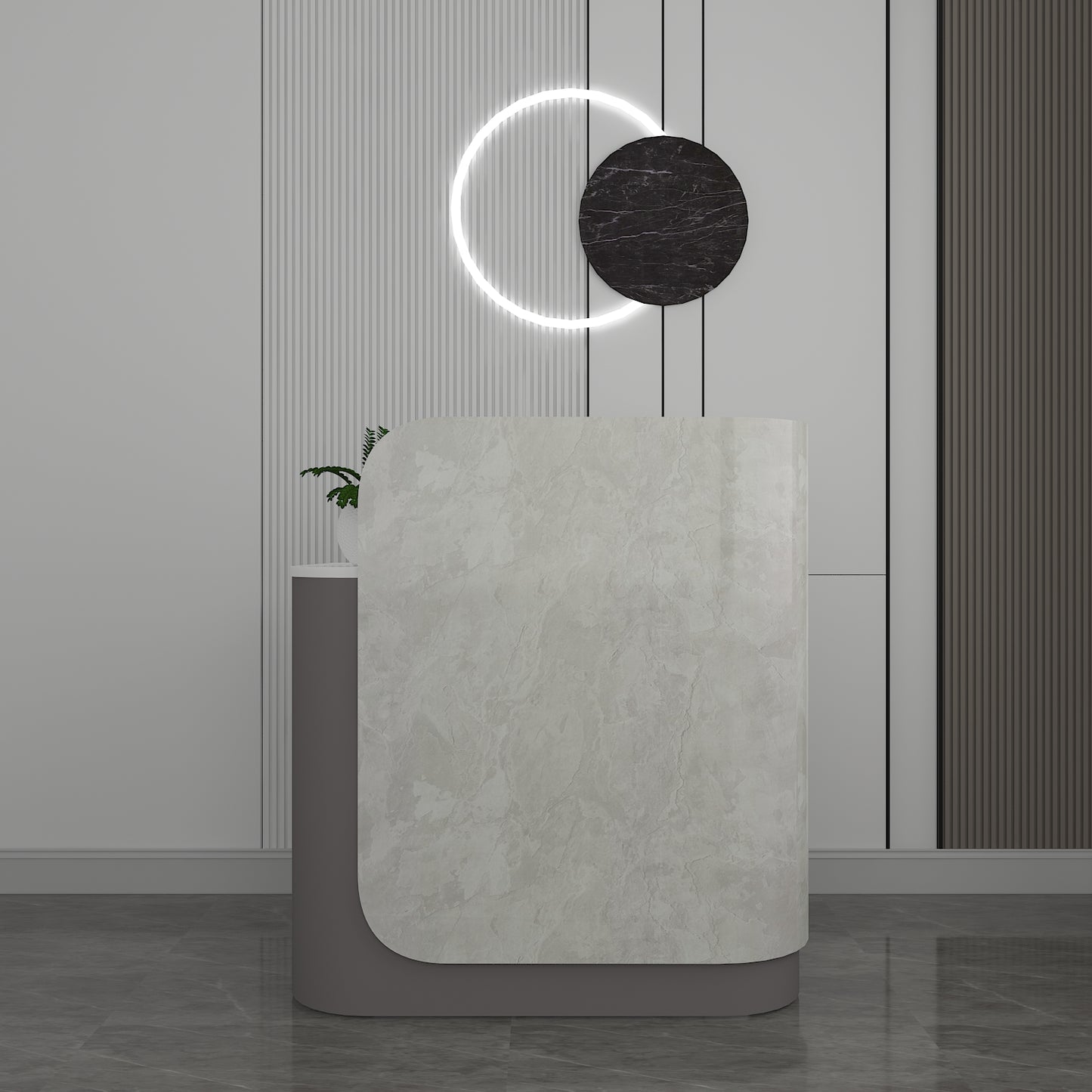 Signature Curved Reception Desk with marble laminate Inspired Front, Moveable Pedestal - VT18002