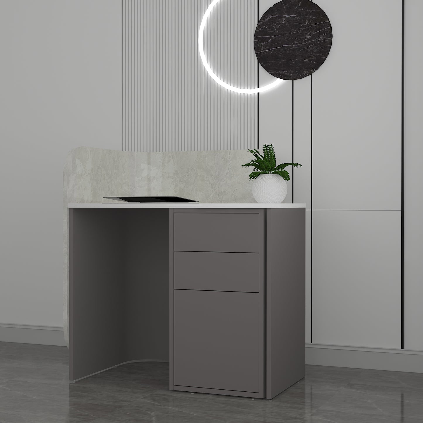 Signature Curved Reception Desk with marble laminate Inspired Front, Moveable Pedestal - VT18002